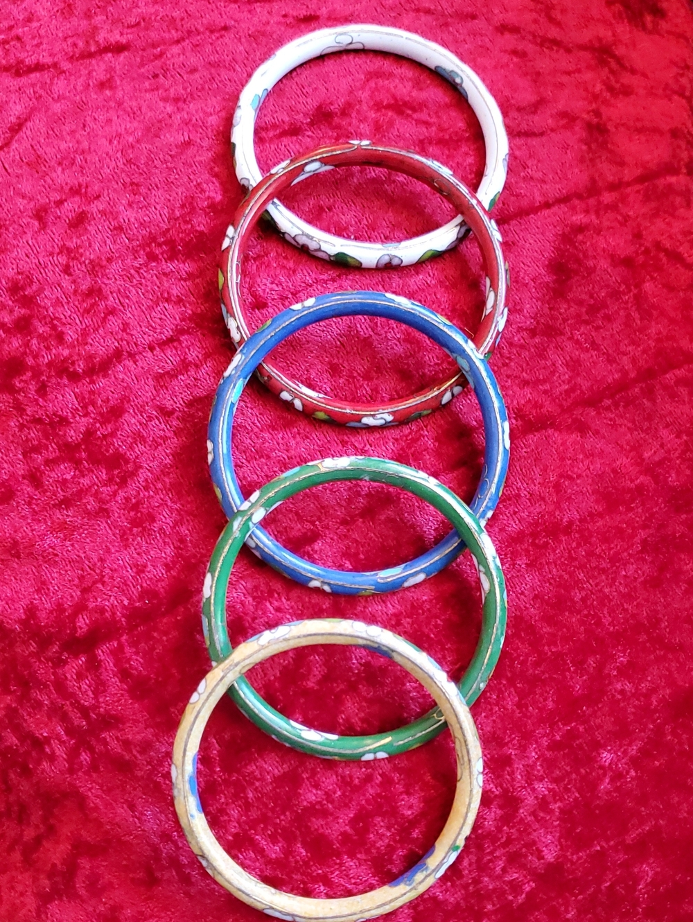 Cloisonne Enamel Floral Bangle 5 Bracelet Set - White, Red, Blue, Green, Yellow